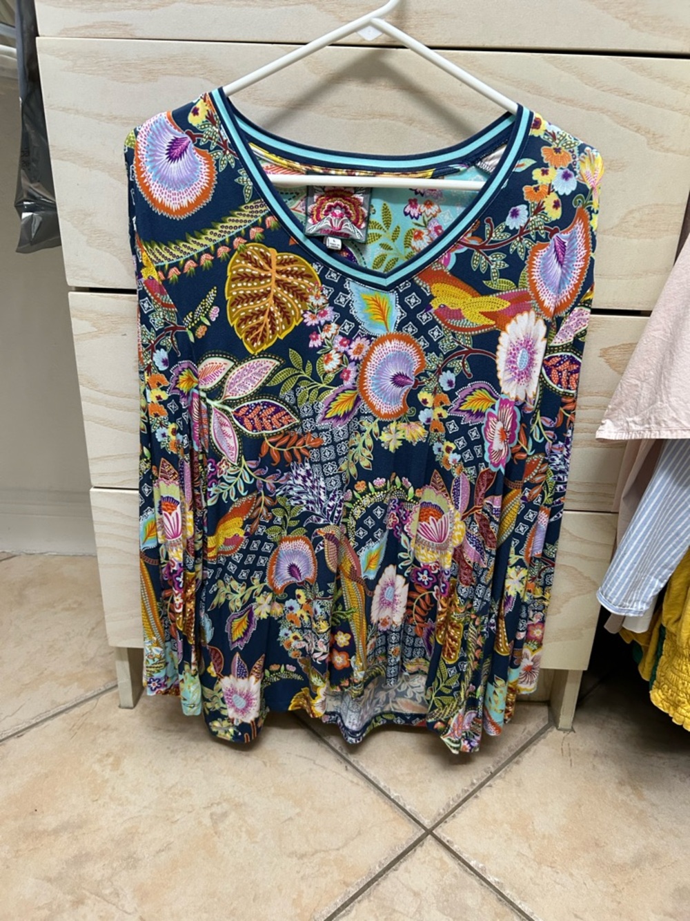 Johnny Was Navy Floral Paisley V-Neck Long Sleeve Top